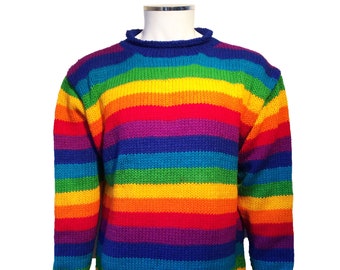 Handmade Handknitted Rainbow Stripe Pullover Jumper Sweater, Our Specification, Fair Trade, Boho Hippy Hippie Casual Unisex