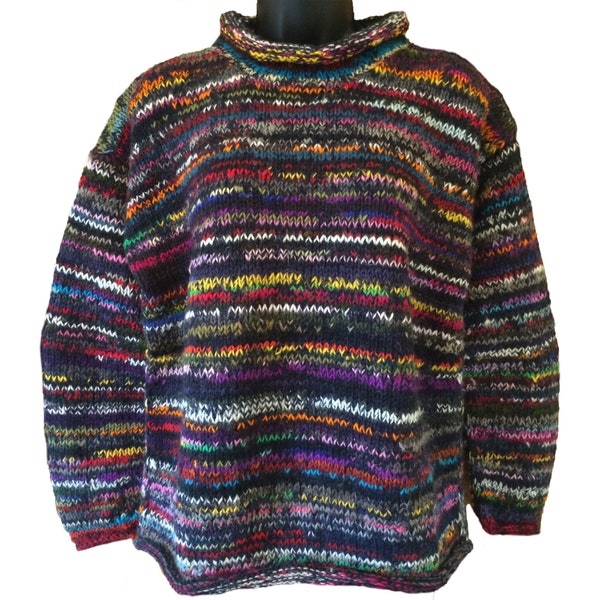 Handmade Blue Rainbow Stripe Quality Knitted Pullover Jumper Sweater