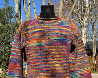Rainbow and Soft Grey Stripe Quality Handmade Knitted Pullover Jumper Sweater