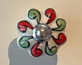 UK Seller -Fast Delivery Available - Red Green Swirls Ceramic Door Knob Hand Painted India Kitchen Bathroom Utility Playroom UPCYCLE!