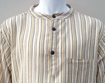 Lightweight Unisex Summer Cotton Collarless Grandad Casual Shirt in Cream Stripes. 6 sizes. Pockets.