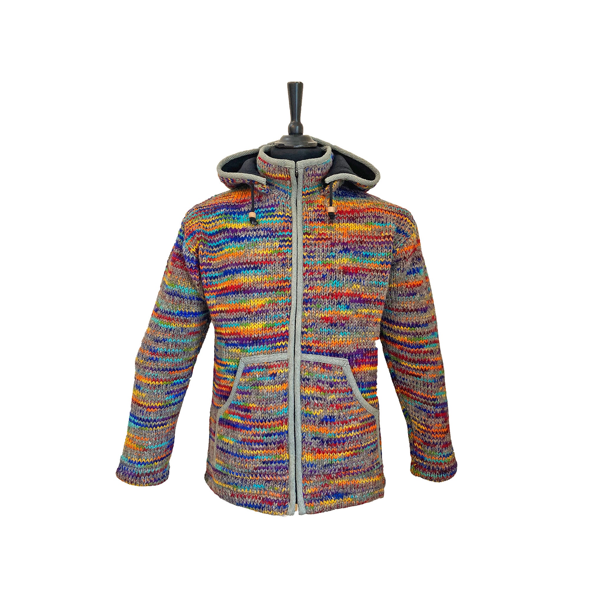 Chunky Knitted Rainbow Jacket with Fleece Lining and Hood Etsy