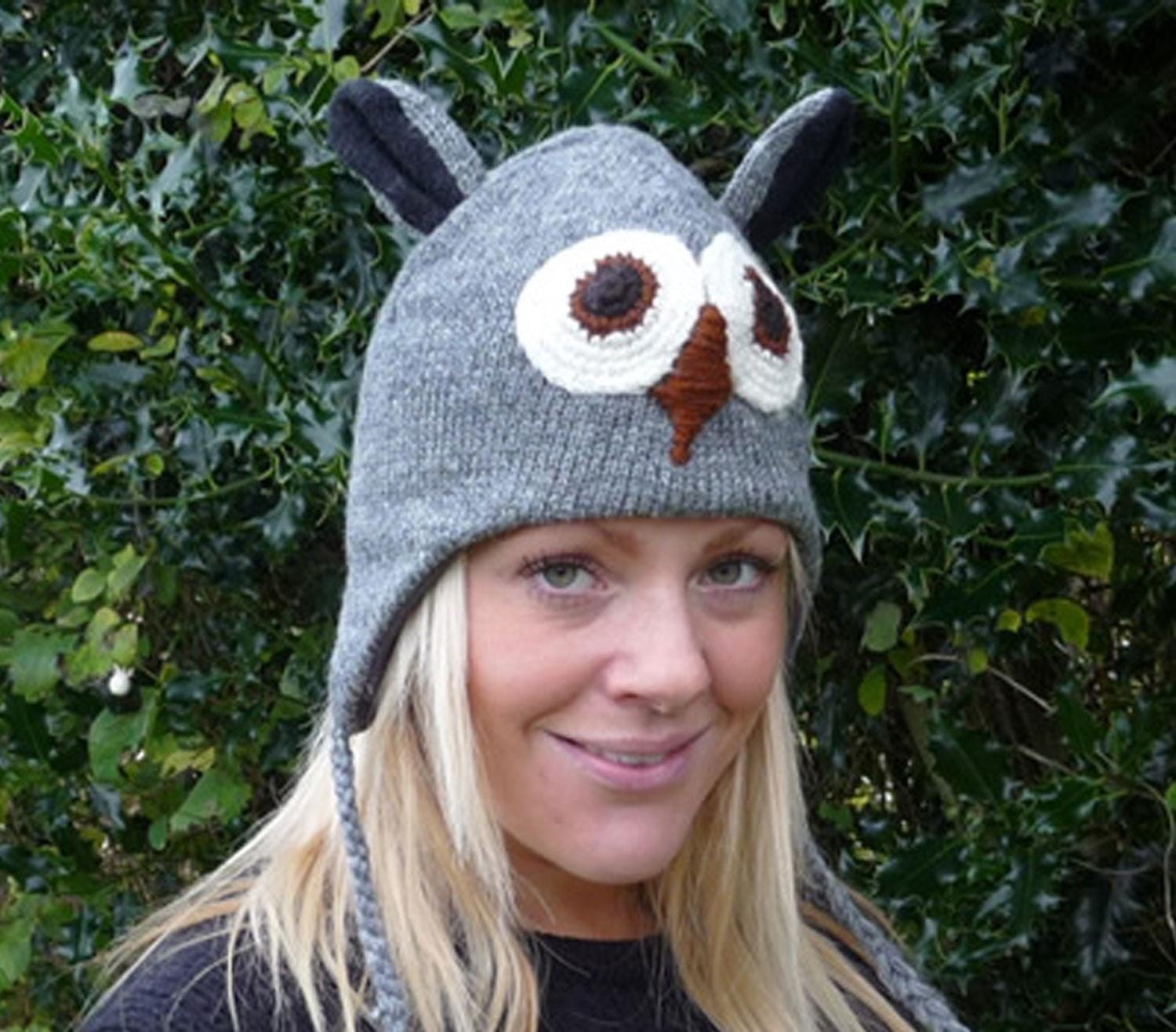 Fleece Lined Grey Owl Knitted Hat with Big Eyes and Big Ears!