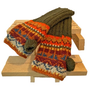Cosy Fleece Lined Fair Isle Handwarmers Wristwarmers in Olive Green with Thumb Hole