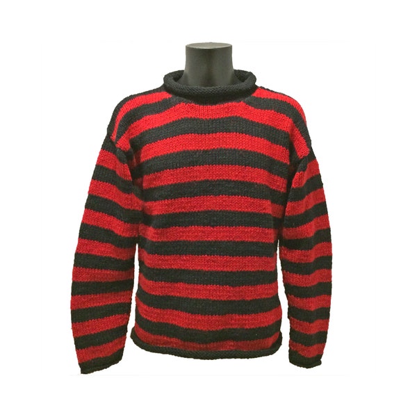 Quality Handmade Unisex Black Red Stripe Quality Knitted Pullover Jumper Sweater, Sizes S to XXL, Dennis Menace, Kurt Cobain, Grunge, Retro