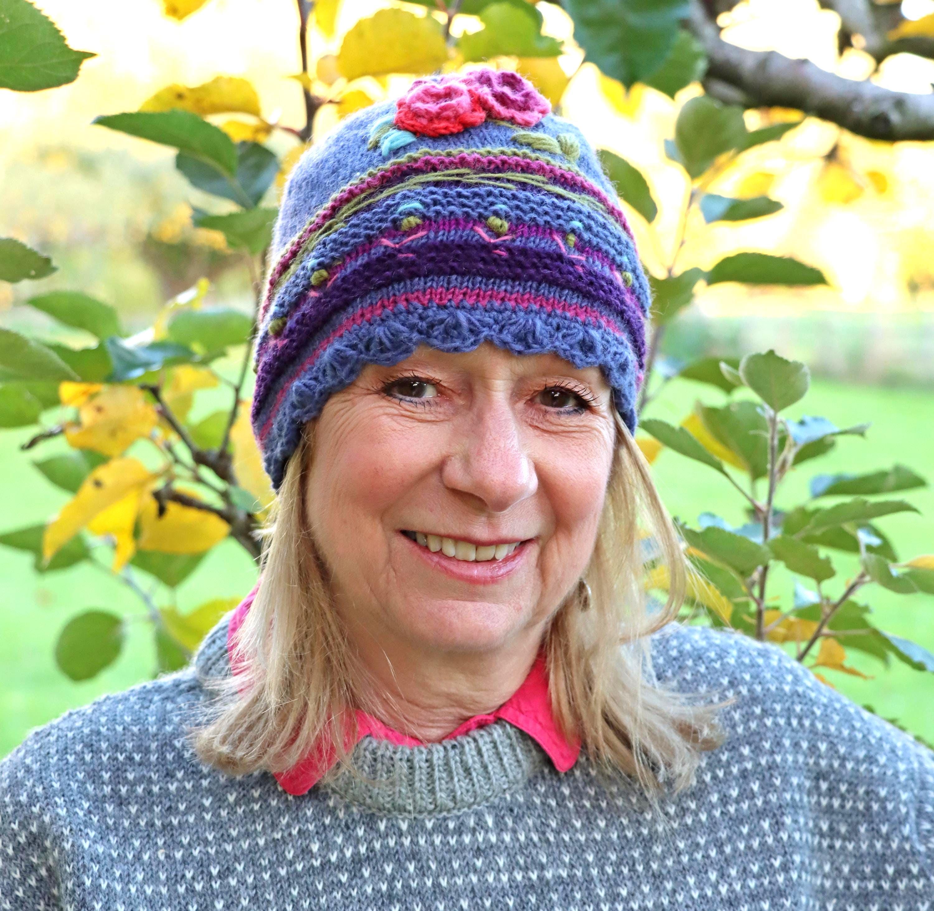 Purple Pretty Flowers Hand Knitted Beanie Hat With Crochet  display picture 3