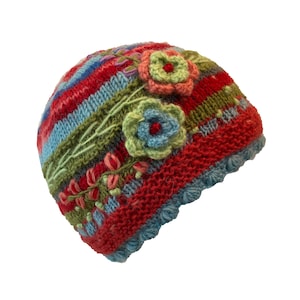 Pretty Flowers Hand Knitted Beanie Hat in Reds, Blues and Greens with Crochet Detail. Features Scalloped Edging and Soft Fleece Lining.