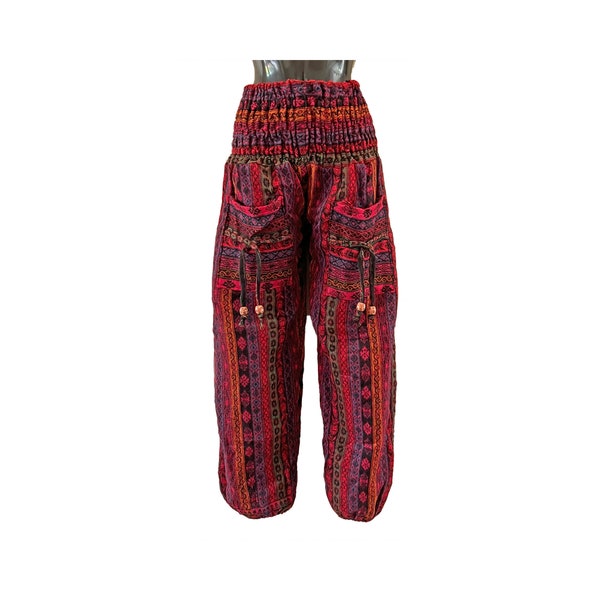 Red, Green, Orange & Purple Paisley Stripe One Size Fleece Trousers, Easy Care, Fits UK 8 to 16, Elastic Waist, Open Water Swimming