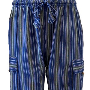 Lightweight Relaxed Unisex Summer Cotton Casual Cargo Trousers in Blue Stripes. Cargo Pockets & Drawstring. S To XXXL
