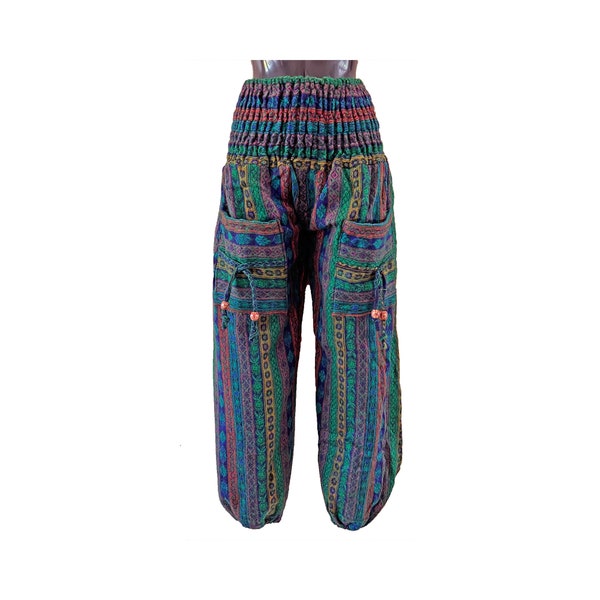 Blue, Green & Yellow Paisley Stripe One Size Fleece Trousers, Easy Care, Fits UK 8 to 16, Elastic Waist, Open Water Swimming