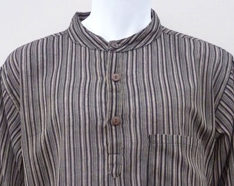 Lightweight Unisex Summer Cotton Collarless Grandad Casual Shirt in Black & Grey Stripes. 6 sizes. Pockets.