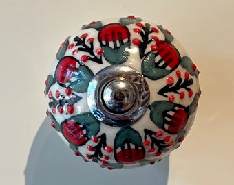 UK Seller -Fast Delivery Available - Red Grey Floral Ceramic Door Knob Hand Painted India Kitchen Bathroom Utility Playroom UPCYCLE!