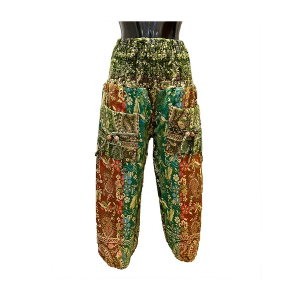 Greens and Browns Paisley Patch Design Soft Fleece Trousers, One Size, Deep Elastic Waist and Cuffs, Pockets, Super Snuggly and Warm