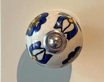 UK Seller-Fast Delivery Available - Blue White Yellow Green Ceramic Door Knob Hand Painted India Kitchen Bathroom Utility Playroom UPCYCLE!