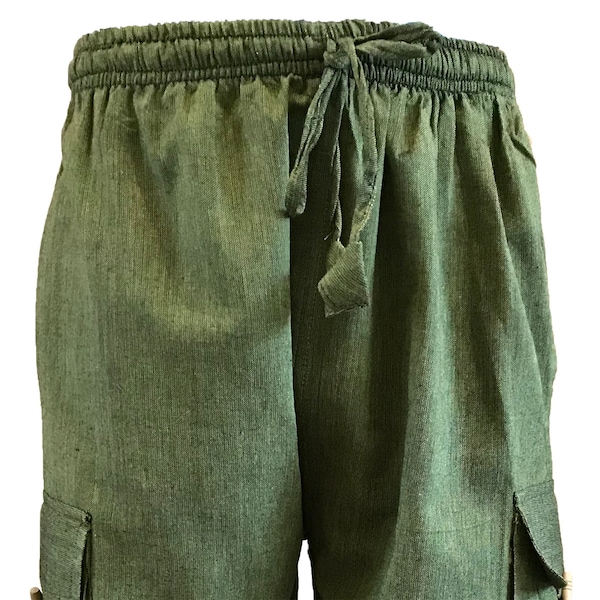 Lightweight Relaxed Unisex Summer Cotton Casual Cargo Trousers in Plain Green. Cargo Pockets & Drawstring. S To XXXL