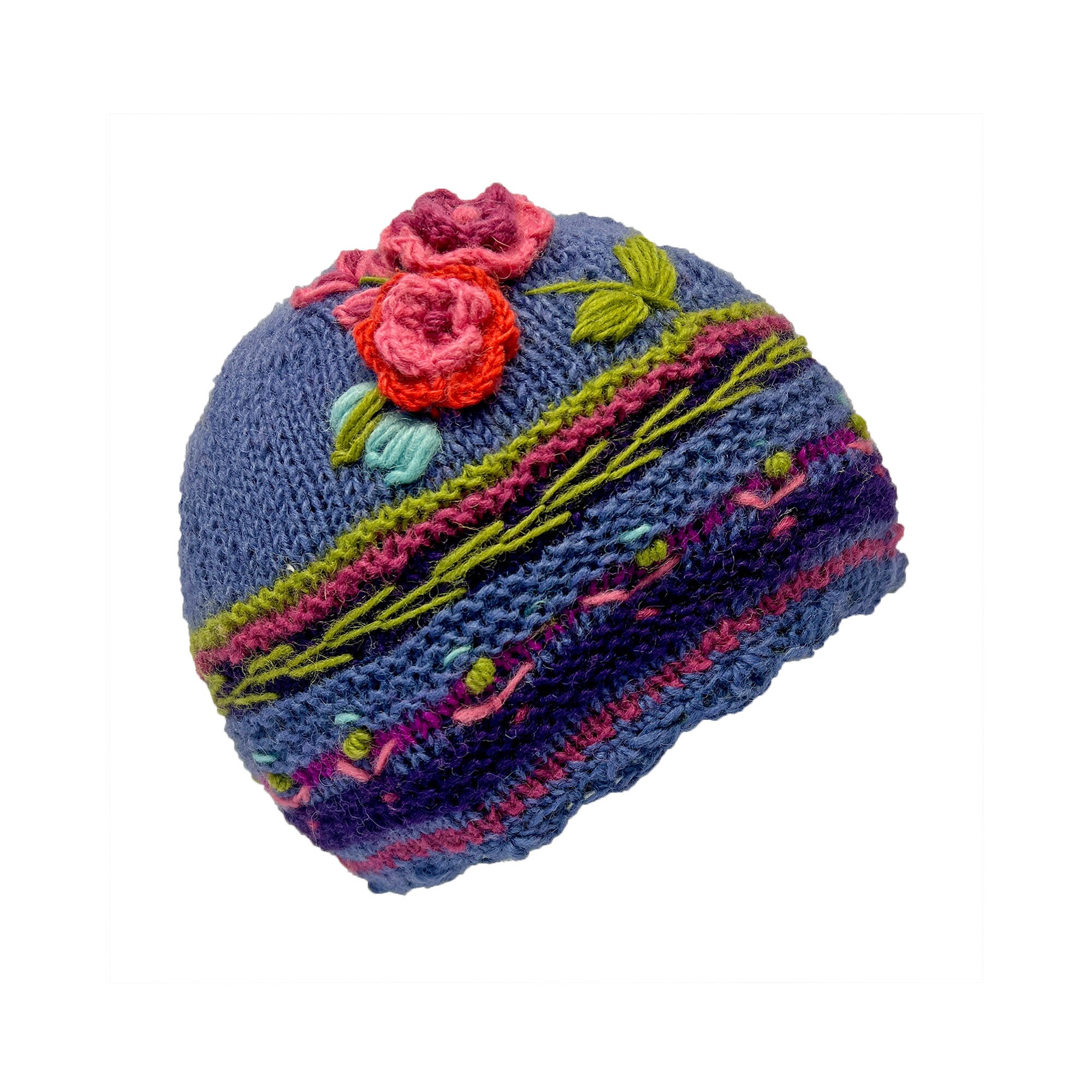 Purple Hand Knit Aplaca Beanie with Floral Accents Free pattern for knitting a winter hat main image 4