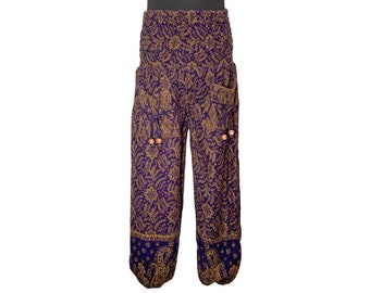 Purple & Gold Paisley Cosy Fleece Trousers, One Size, Deep Elastic Waist, Size 8 to 16, Easy Care, Soft and Warm, Open Water Swimming