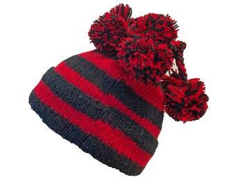 Fabulous Fun Red Black Stripe Lined Woolly Hat with Seven Dangly Bobbles