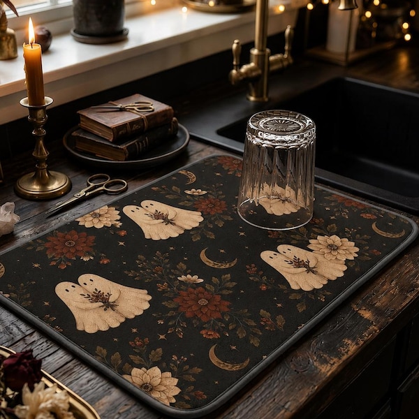 Dekoracje Ghost | Gothic Cottagecore Ghost Couple | Zestaw mat dekoracyjnych Ghost Kitchen | Dekoracje kuchenne na Halloween | Ściereczka kuchenna, szklana deska do krojenia