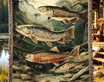 Manta tejida con estampado de truchas, decoración para casa de lago, regalo de pesca para él, manta rústica para cabaña, manta de refugio, regalo para pescador, decoración básica para cabaña
