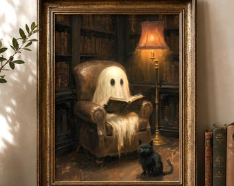 Ghost Wall Decor | Vintage Ghost Print Set of 4 | Reading Ghost Art Collection | Black Cat Library Wall Art | Halloween Home Decor