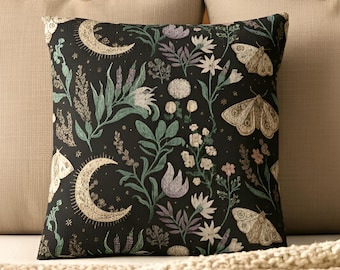 Cojín tejido con diseño de polilla / Tapiz botánico de estilo gótico con luna y flores silvestres, manta de decoración gótica para el hogar, bolso, tapiz de pared, bolsa