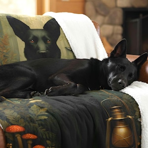 May include: A plush throw blanket featuring a dark forest scene with red mushrooms, a golden lantern, and a black dog portrait, finished with a white sherpa fleece backing. A black dog is sleeping on top of the blanket, which is draped over a brown sofa.