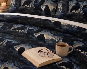 Gothic Raven King Duvet Cover Set | Halloween Bedding Set | Dark Academia Bedding | Edgar Allan Poe | Whimsigoth Decor