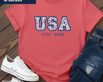 Faux Patchwork 250th Anniversary 1776 July 4th Patriotic Flower look T-Shirt | American Flag Celebration