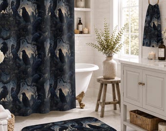Raven Halloween Bathroom Decor | Raven Bathmat, Gothic Shower Curtain, Hand Towel Set | Crow Bathroom Decor | Dark Academia Bathmat