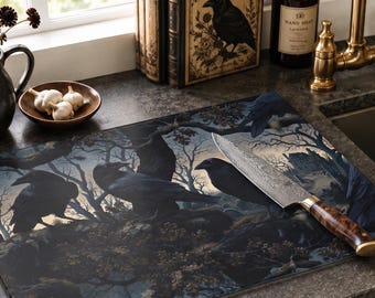 Gothic Glass Cutting Board Kitchen Decor | Raven Dish Drying Mat, Waffle Tea Towel | Dark Academia Kitchen | Halloween Gift