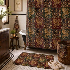 Dragon Garden Bathroom Decor | Patchwork Fantasy Bathroom Set, Dragon Shower Curtain, Bath Mat & Hand Towel, Cottagecore Home Decor