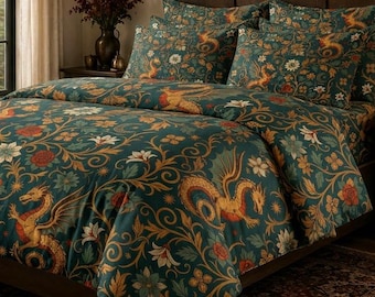 Set copripiumino con drago, biancheria da letto gotica in cotone, set biancheria da letto con drago e motivi floreali, arredamento camera da letto Castlecore, cuscino in pelle scamosciata abbinato