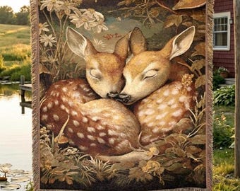 Manta tejida con ciervos, manta de cabaña con cervatillos, decoración de guardería con temática de bosque, tapiz de pared rústico para cabaña, regalo para amantes de la naturaleza.
