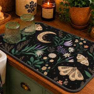 Dish Drying Mat, Charcoal Moth Kitchen Decor, Cottagecore Counter Mat, Botanical Sink Drying Pad, Celestial Moon Homeware