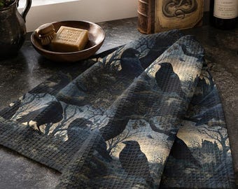 Gothic Kitchen Towel Decor | Raven Dish Drying Mat, Waffle Tea Towel | Masculine Decor | Halloween Gift