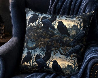 Gothic Raven Pillow | Halloween Cotton Bedding Set | Dark Academia Bedding | Edgar Allan Poe | Whimsigoth Decor