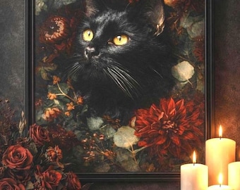 Cuadro de gato negro / Póster gótico floral en lienzo, estampado botánico de gato de estilo Dark Academia, regalo para amantes de los gatos de estilo Cottagecore