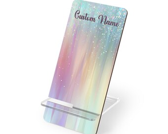 Iridescent Pastel Gradient Custom Phone Stand Mobile Display Stand | Personalized Name