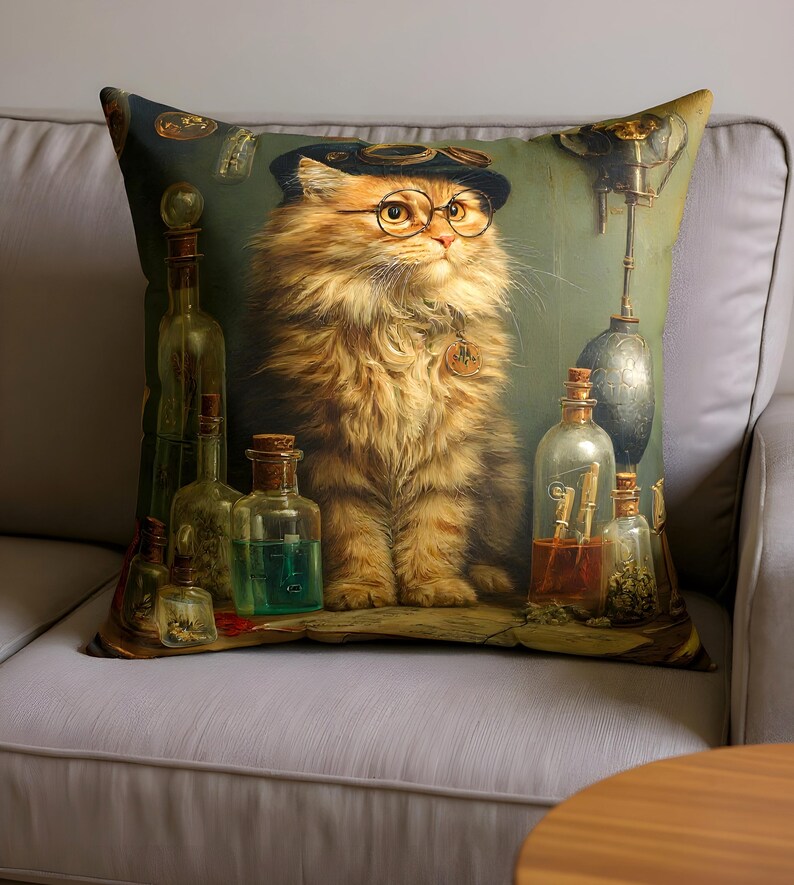 Throw pillow featuring a fluffy cat wearing round spectacles and an alchemist cap surrounded by potion bottles and herbs – The Apothecary Cat Castlecore fantasy design.