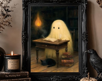 Ghost Wall Decor | Vintage Ghost Print Set of 4 | Reading Ghost Art Collection | Black Cat Library Wall Art | Halloween Home Decor