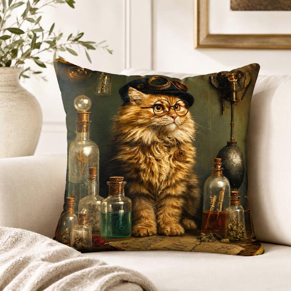 Cat Throw Pillow | Apothecary Jar Cat Decor, Steampunk Gothic Cottagecore Pillow, Castlecore Home Decor, Vintage Cat Cushion