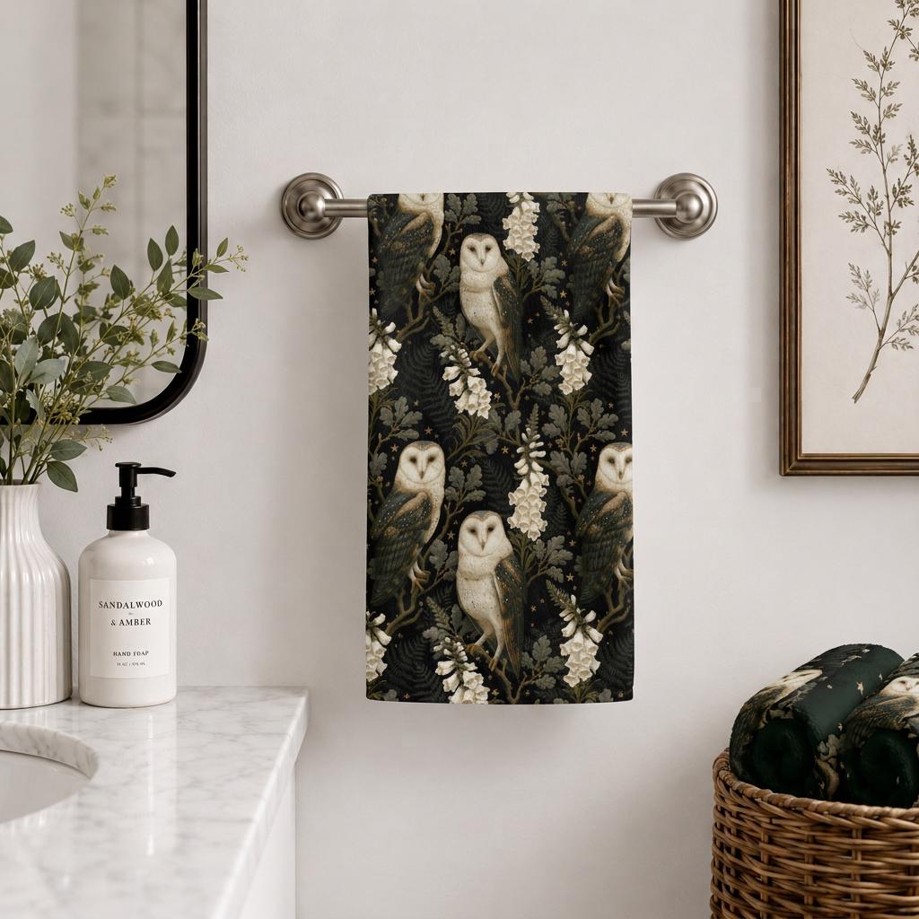 Barn Owl Bathroom Decor | Owl Shower Curtain, Bath Mat & Hand Towel Set, Woodland Bathroom, Dark