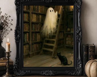 Ghost Wall Decor | Vintage Ghost Print Set of 4 | Reading Ghost Art Collection | Black Cat Library Wall Art | Halloween Home Decor