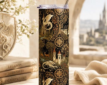 Dragon Tumbler 20oz | Fantasy Tumbler Cup | Medieval Dragon Stainless Steel Travel Cup | Gothic Castle Dragon Gift