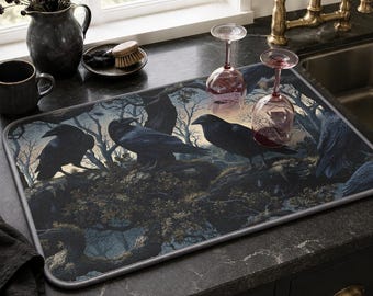 Gothic Dishmat Kitchen Decor | Raven Dish Drying Mat, Waffle Tea Towel Glass Cutting Board | Dark Academia Kitchen | Halloween Gift