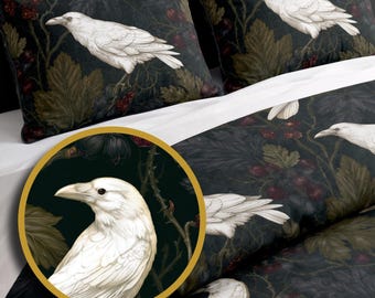 Bettwäsche-Set „Albino Crow“ & Vorhänge | Gothic-Bettwäsche, Schlafzimmerdeko im Dark-Academia-Stil, Bettbezug „Rabe Botanical“ (Einzelbett, Einzelbett XL, Doppelbett)