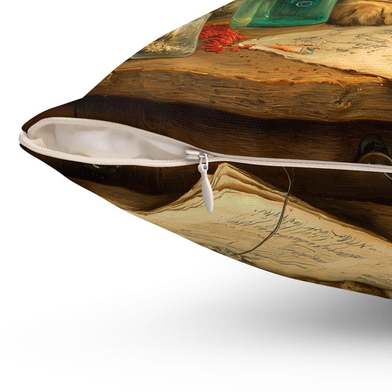Throw pillow featuring a fluffy cat wearing round spectacles and an alchemist cap surrounded by potion bottles and herbs – The Apothecary Cat Castlecore fantasy design.