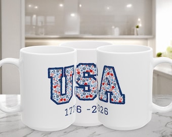 Taza de cerámica con flores patrióticas del 4 de julio de 1776, conmemorativa del 250.º aniversario / Taza de café con flores de la bandera estadounidense