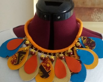 African Ankara Fabric with leather rope  necklace